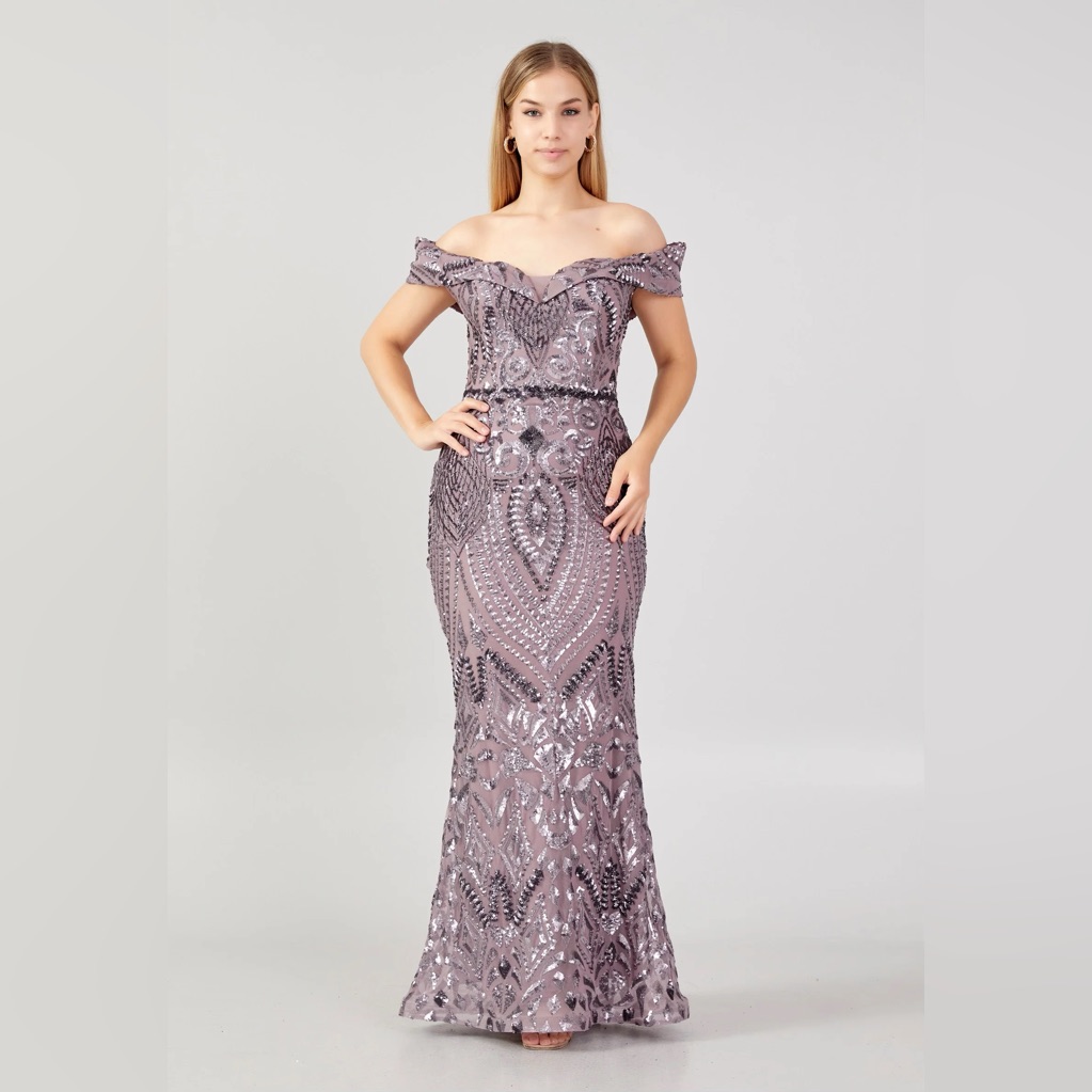 Purple Elegant Off-Shoulder Sequin Gown New With Tags